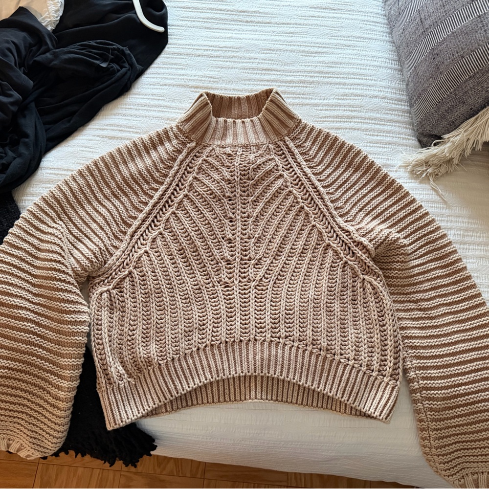 Free People Cropped Cable Knit Turtleneck Sweater - Tan